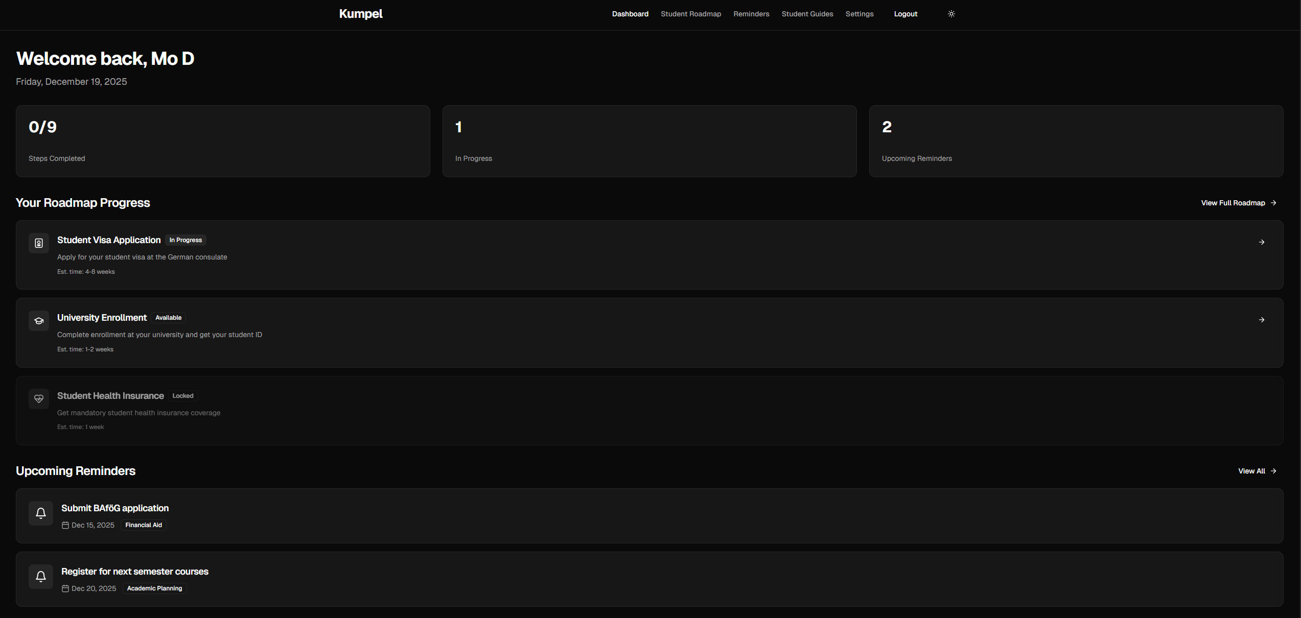 Kumpel dashboard with welcome screen and reminders