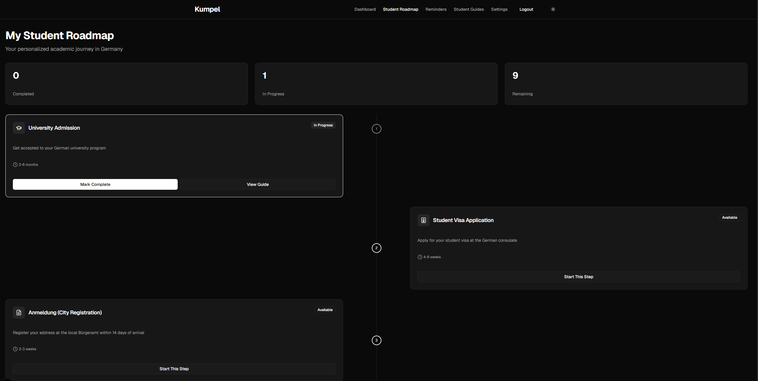 Kumpel student roadmap page with progress tracking